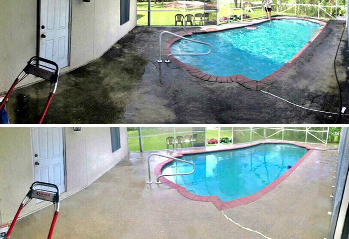 Pool deck before and after pressure washing in Titusville FL