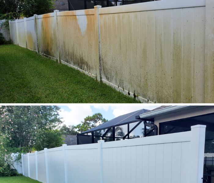 vinyl fence before and after iron stain removal in Brevard County FL