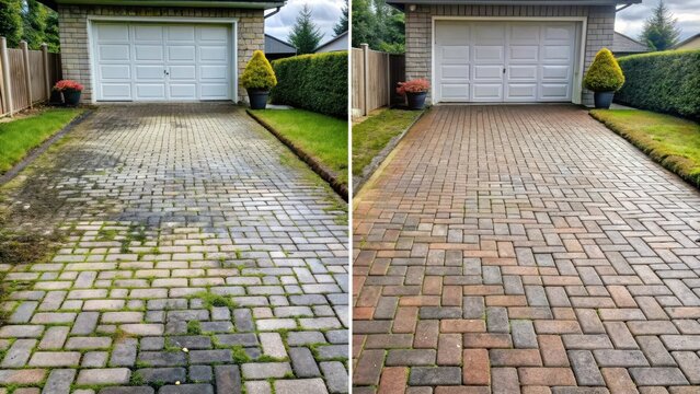 Driveway before and after pressure washing in Titusville, FL