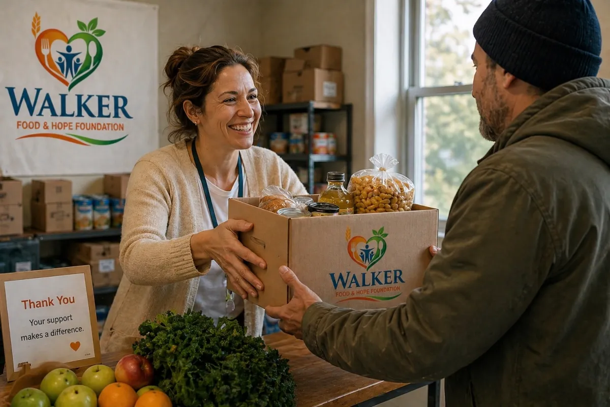 Volunteers packing fresh groceries at the food pantry