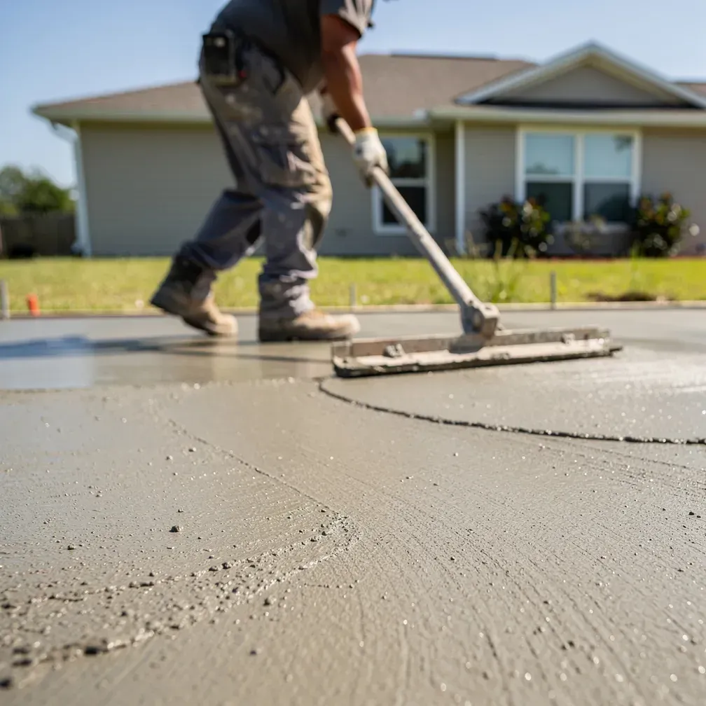 Concrete contractor smoothing a slab with a bull float on a job site in Lake City, Florida