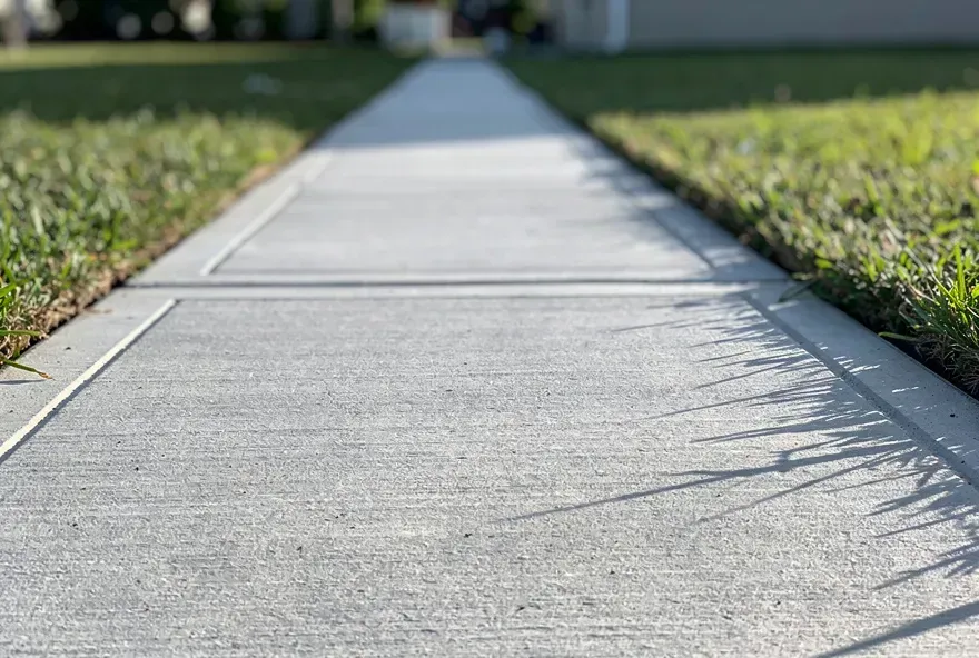 Low angle view of a settled concrete sidewalk along a residential property in Lake City, Florida