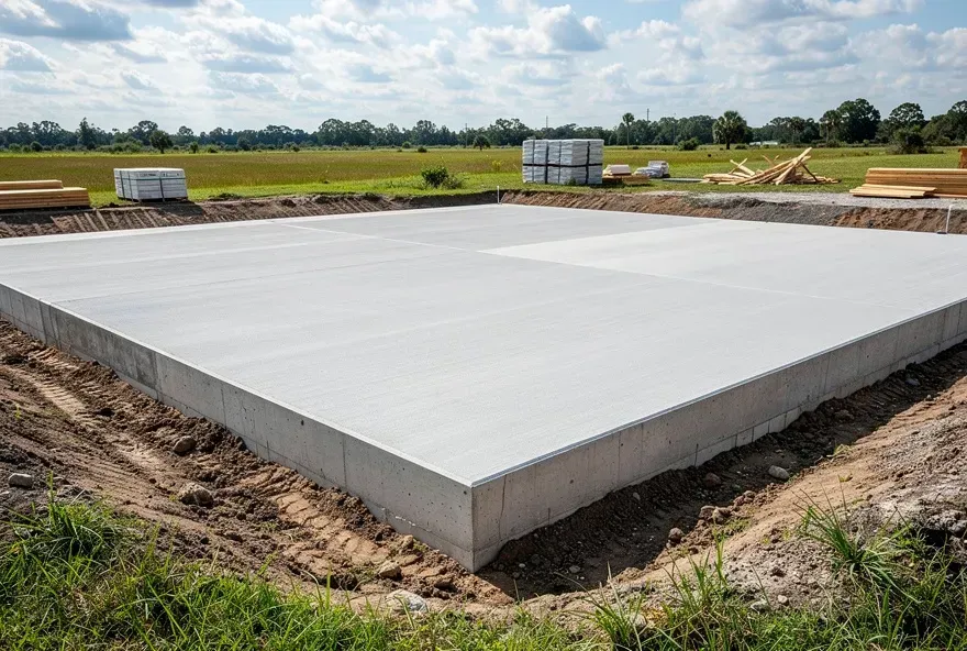 Freshly finished residential concrete foundation on a job site in Lake City, Florida