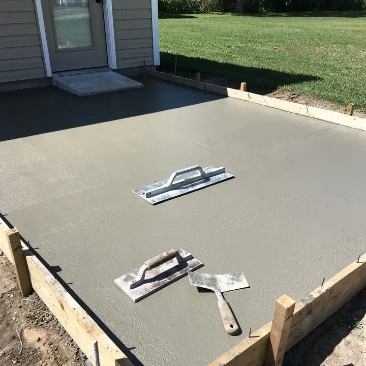 Freshly poured concrete patio surface with finishing tools on a job site in Lake City, Florida