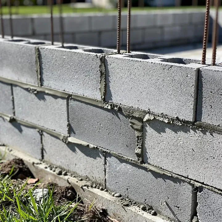 Close-up of a concrete block wall under construction with fresh mortar joints in Lake City, Florida