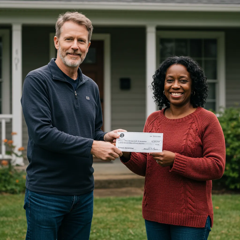 2 people standing in front of a house holding a check