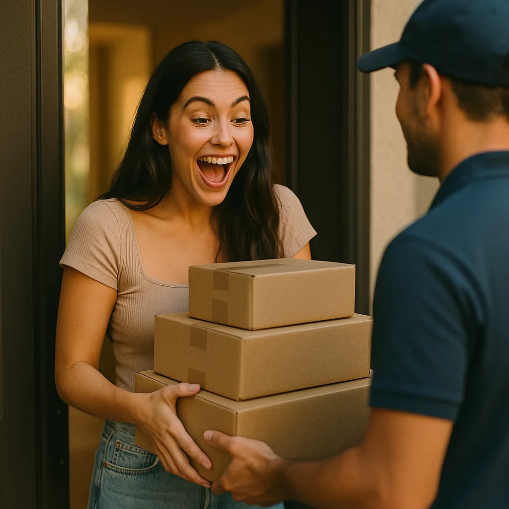 Food delivery makes a woman very happy.