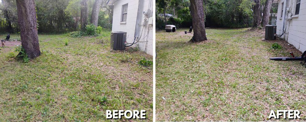 Before and after photo showing a messy side yard cleared of weeds and debris, now neat and clean