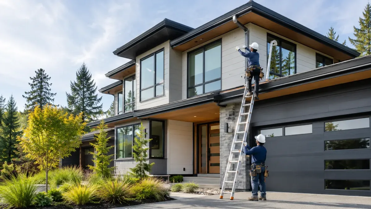 Seamless aluminum gutters being installed on a modern Bellevue home with clean rooflines, large windows, and upscale Northwest landscaping.