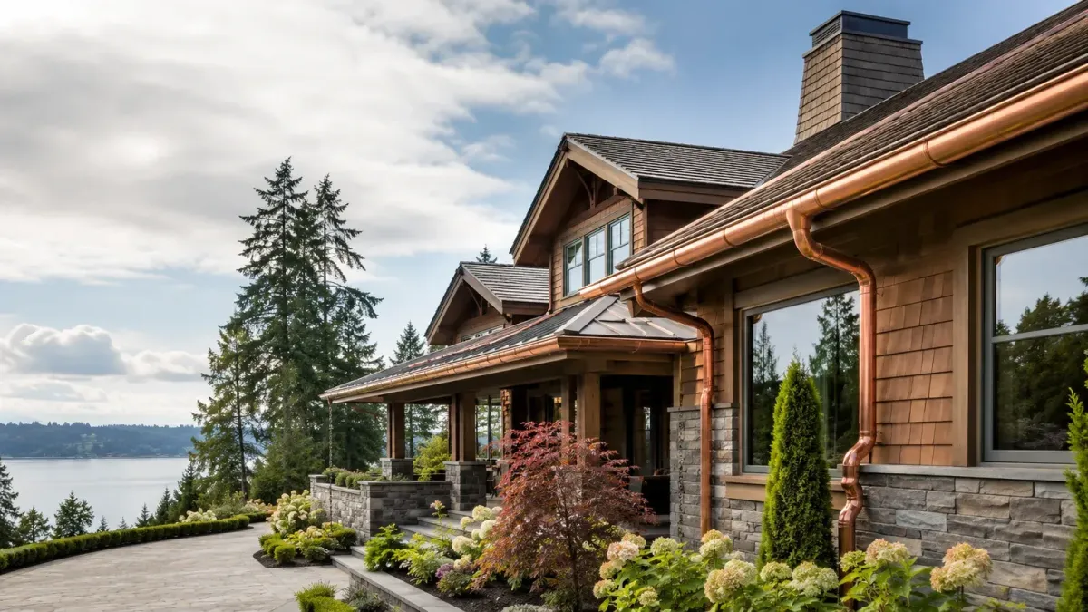 Elegant copper gutter installation on a luxury Bellevue home with cedar siding, stone details, manicured landscaping, and Lake Washington views.