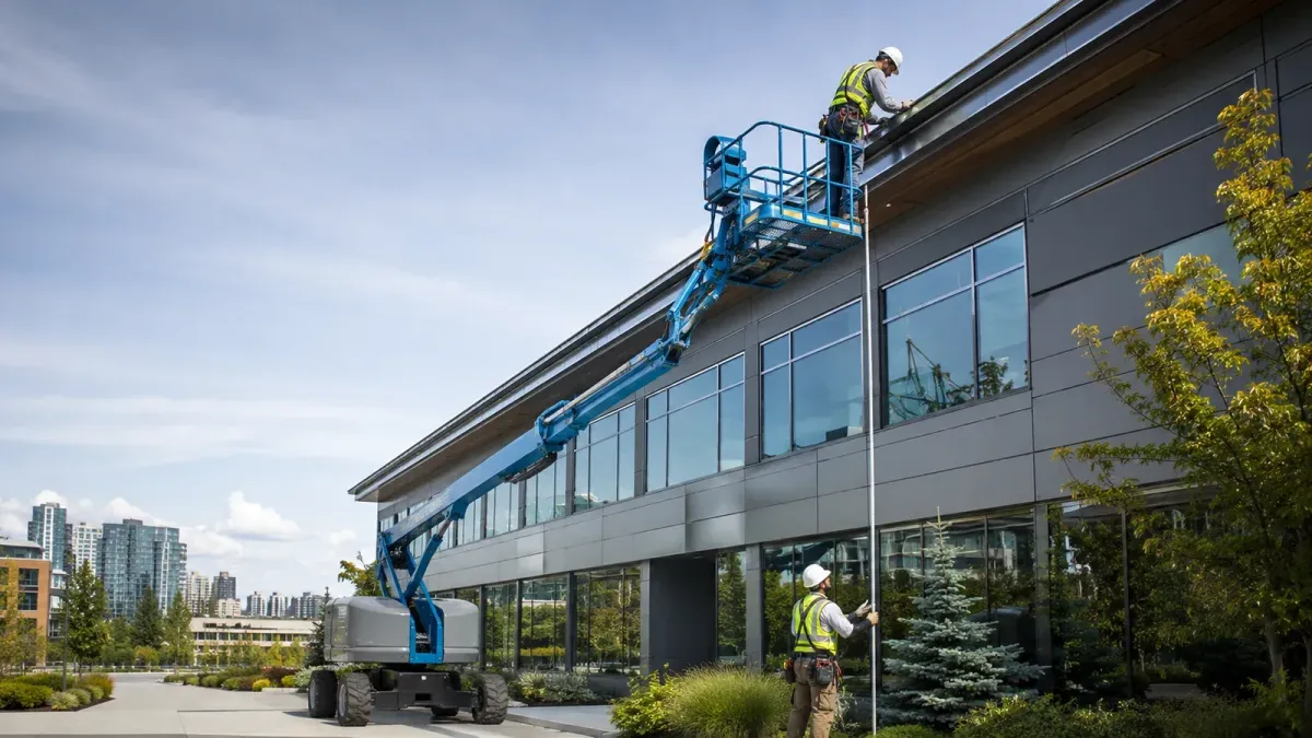 Commercial gutter installation crew using a boom lift on a modern Bellevue office building with clean lines and professional workmanship.