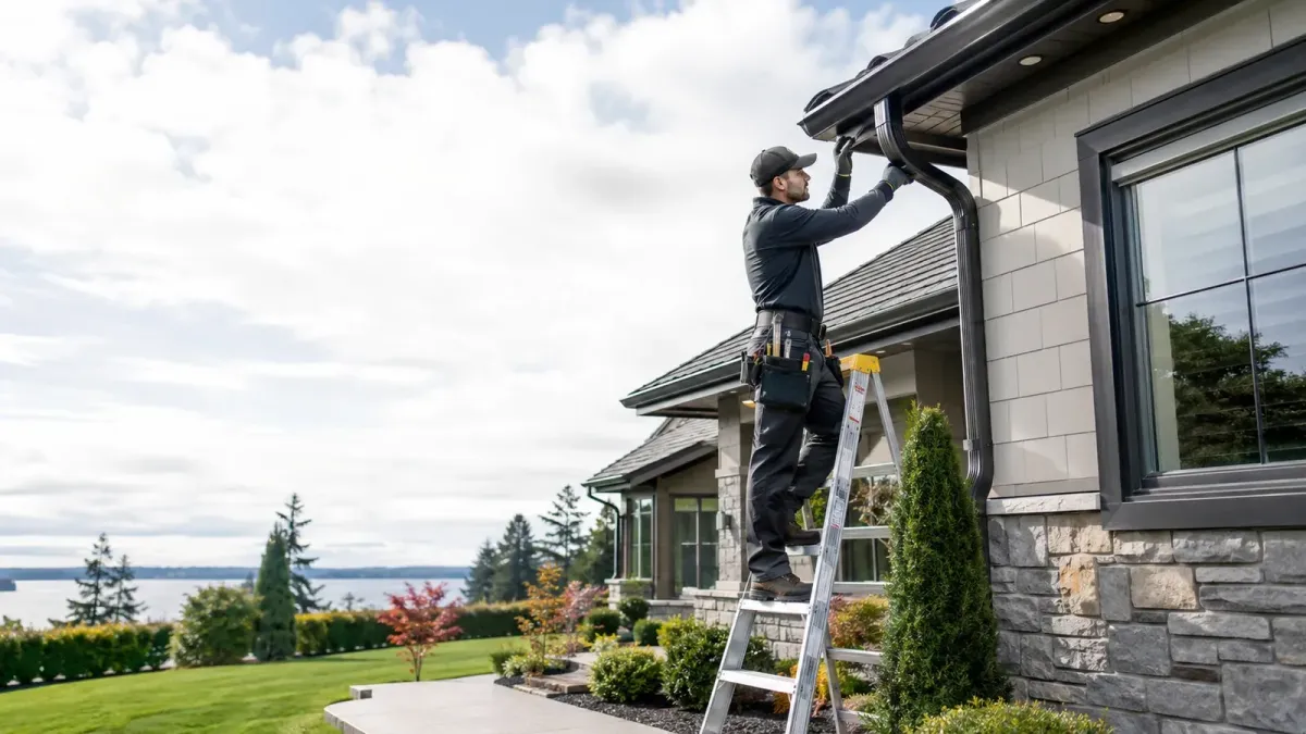 Technician installing and repairing a residential downspout on a Bellevue home to improve water drainage and protect the exterior.
