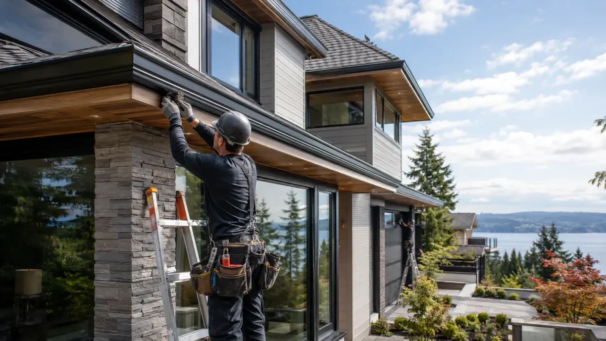 Professional fascia gutter conversion on a luxury Bellevue home with modern seamless gutters, clean soffits, and expert exterior craftsmanship.