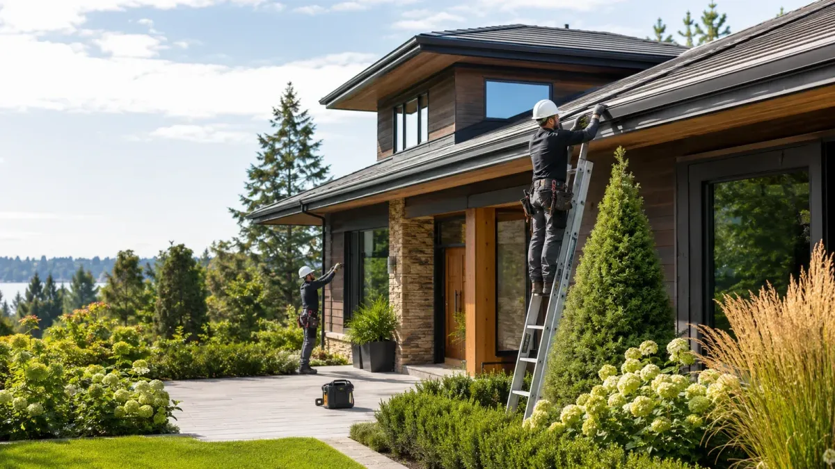Contractors replacing built-in gutters on a modern Bellevue home with cedar accents, clean exterior finishes, and landscaped Pacific Northwest curb appeal.