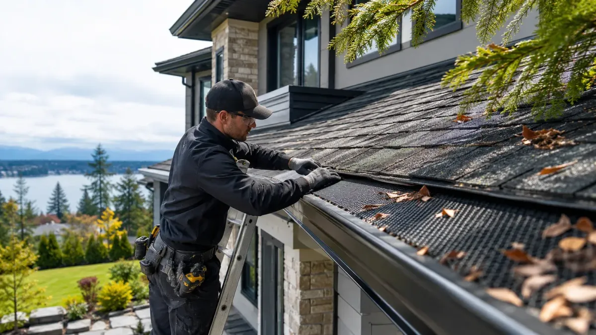 Technician installing gutter guards on a Bellevue home’s seamless gutter system to help prevent leaves, pine needles, and roof debris buildup.