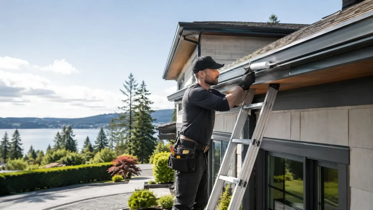 Gutter repair technician resealing a seamless gutter joint on a Bellevue home with clean rooflines and professional exterior maintenance.