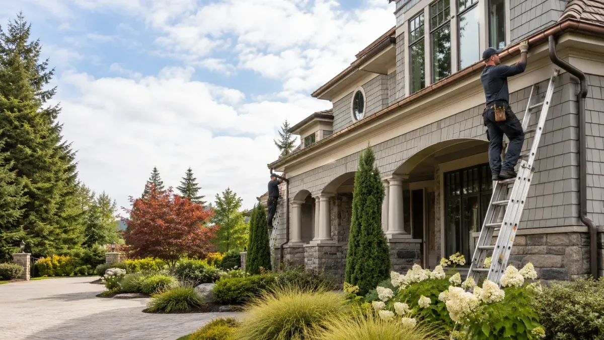 Half-round gutter installation on an upscale Bellevue residence with classic architectural details, stonework, hydrangeas, and manicured landscaping.