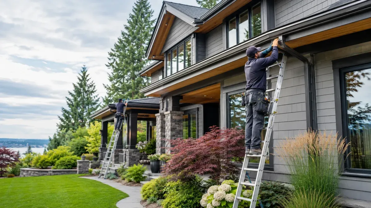 Professional gutter installers working on seamless gutters for a luxury Bellevue home with clean rooflines, stone accents, and premium landscaping.