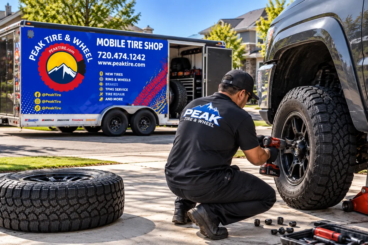 Professional mobile tire technician installing new tire on vehicle in home driveway