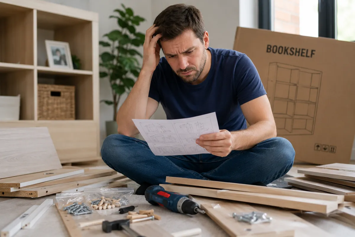 Professional handyman assembling flat-pack furniture in a modern living room while a completed bookshelf contrasts with scattered parts, highlighting the time, stress, and hidden costs of DIY furniture assembly.