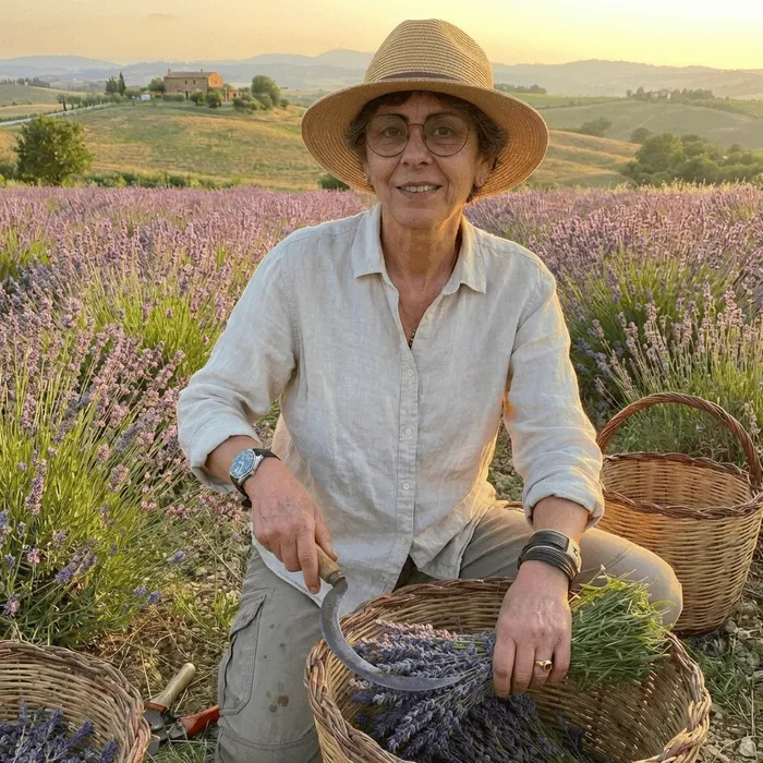 Barbara nel campo di lavanda al tramonto