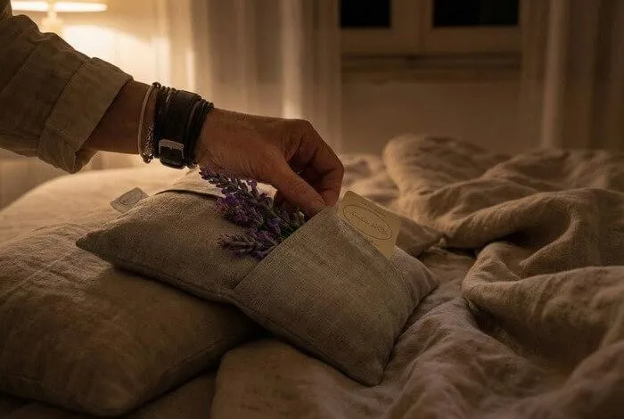 Candela accesa e sacchetto di lavanda su un comodino