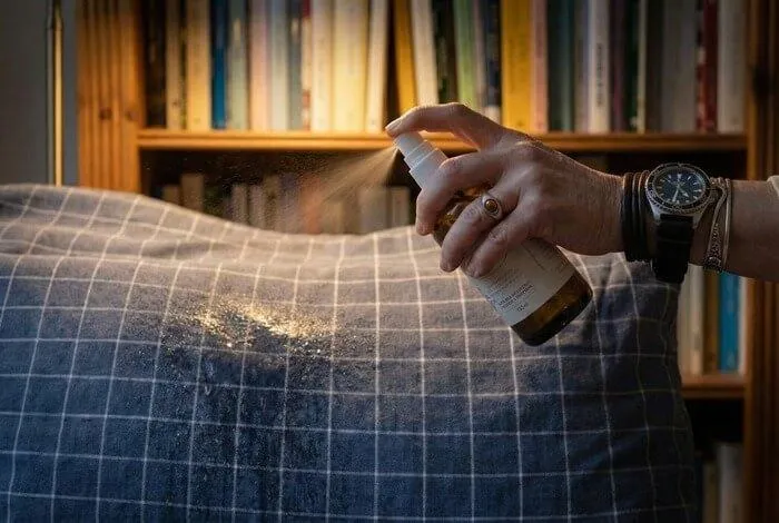 Spray al cuscino e ambiente applicato su un letto morbido