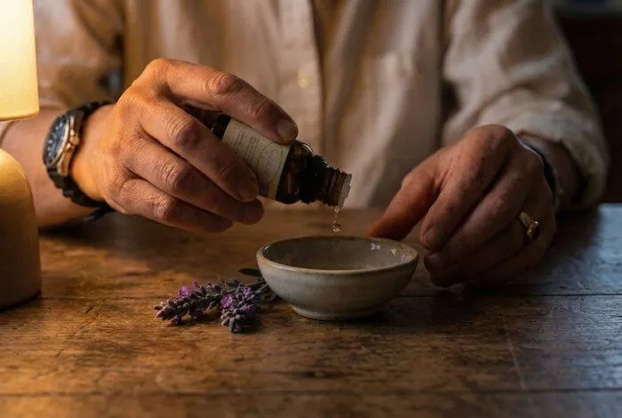 Olio essenziale o roll-on di lavanda applicato sui polsi