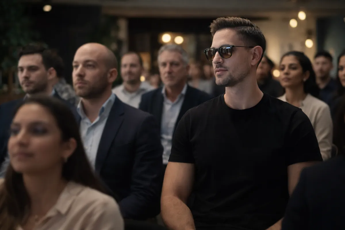 Man with long hair thinking at desk with laptop.