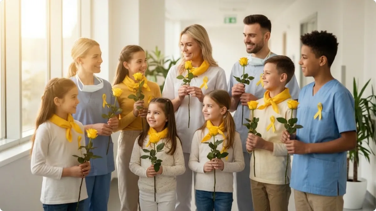 Children, families, and caregivers wearing yellow with yellow roses in a hospital setting