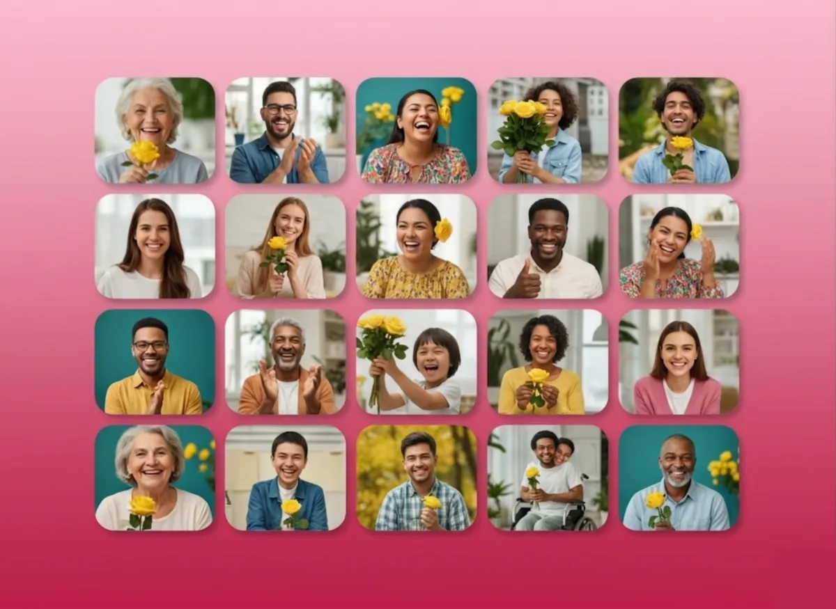 Grid of smiling children and families with yellow accents representing the ROAR Gallery