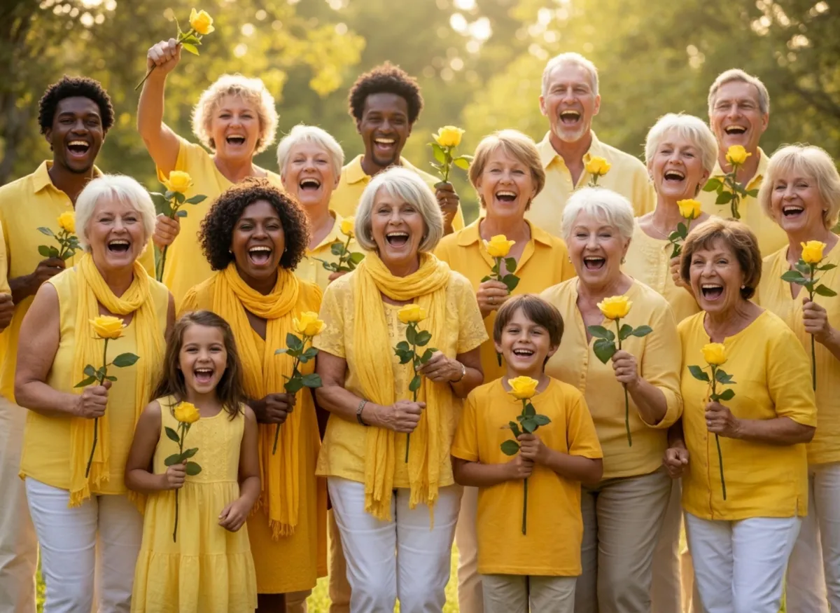 Group of people of all ages wearing yellow and holding yellow roses