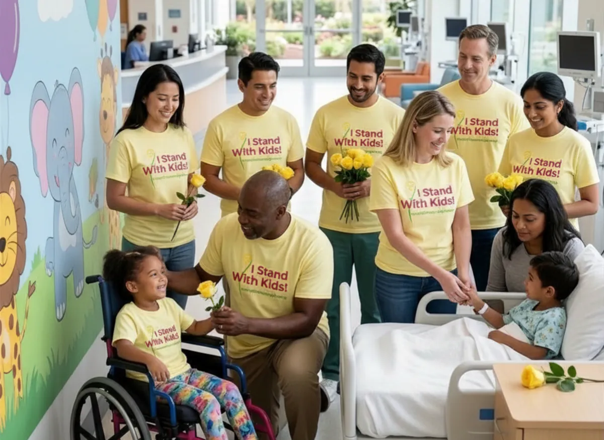 Diverse team in bright yellow t-shirts interacting compassionately with children and families in a sunlit pediatric hospital lobby, some holding small yellow roses, gentle caregiving beside beds and wheelchairs, subtle medical equipment in background; candid, documentary-style, shallow depth of field, warm and hopeful atmosphere.