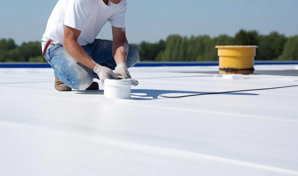 worker smoothing out silicone on roof