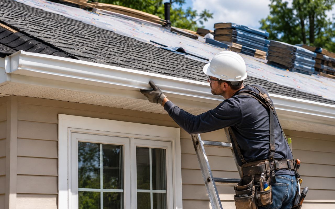 Contractor checking whether to replace gutters during roof replacement