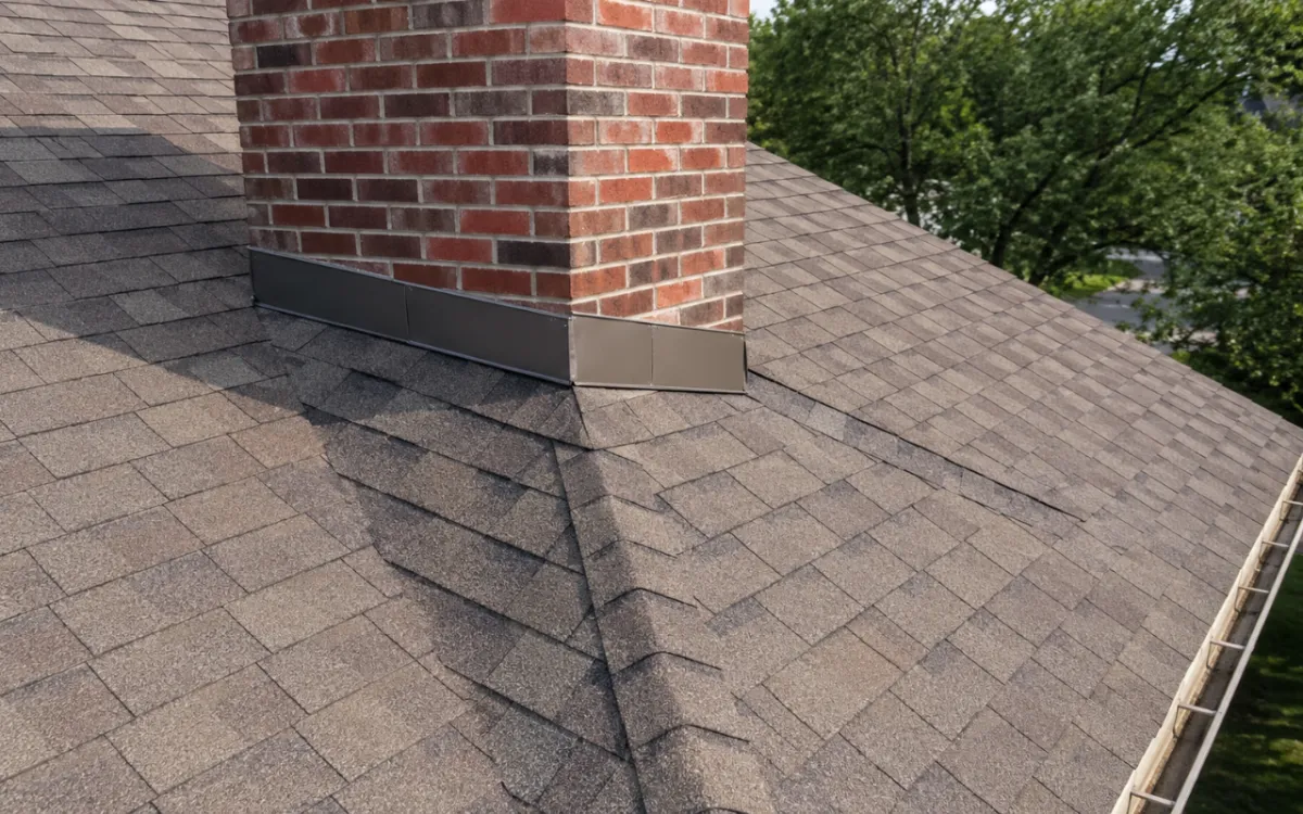Chimney cricket installation improving water drainage behind a roof chimney