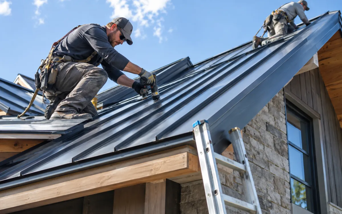 Metal roof installation on a residential h