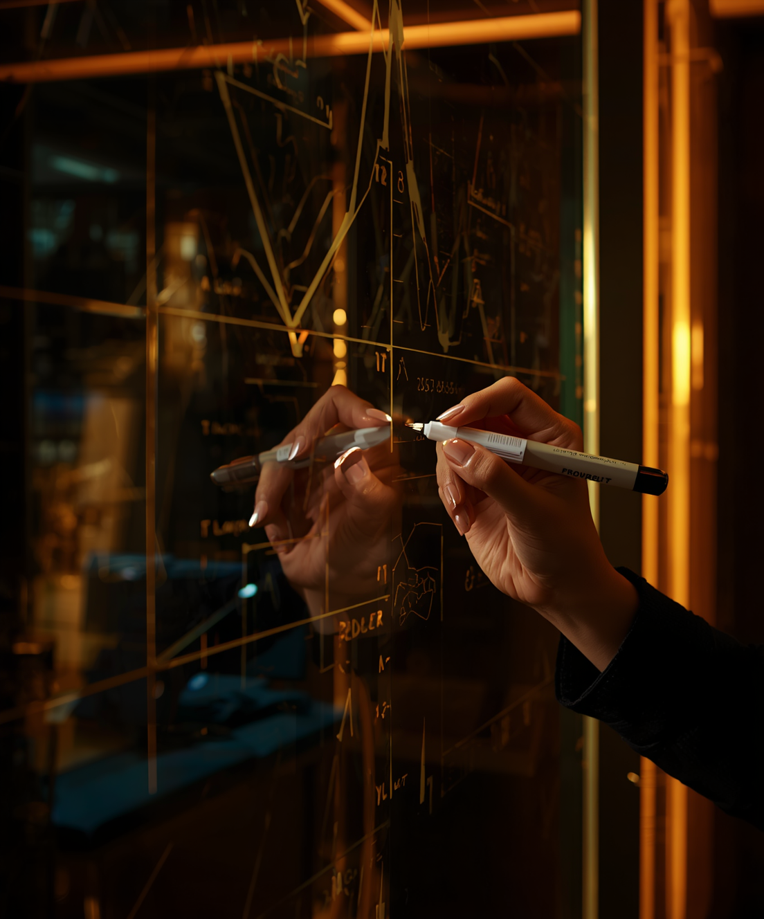 person writing on glass whiteboard with diagrams