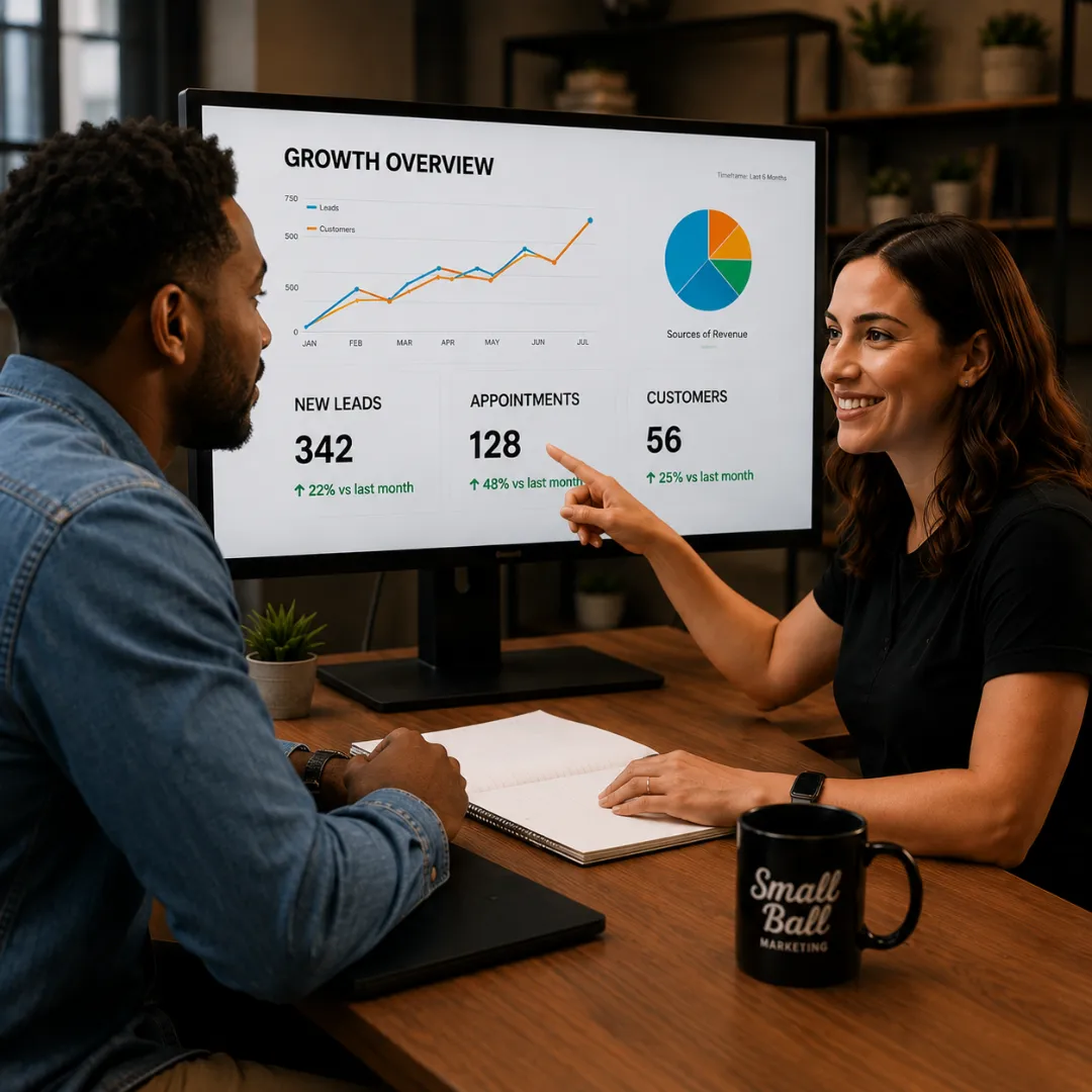 Web designer reviewing automated tools with client