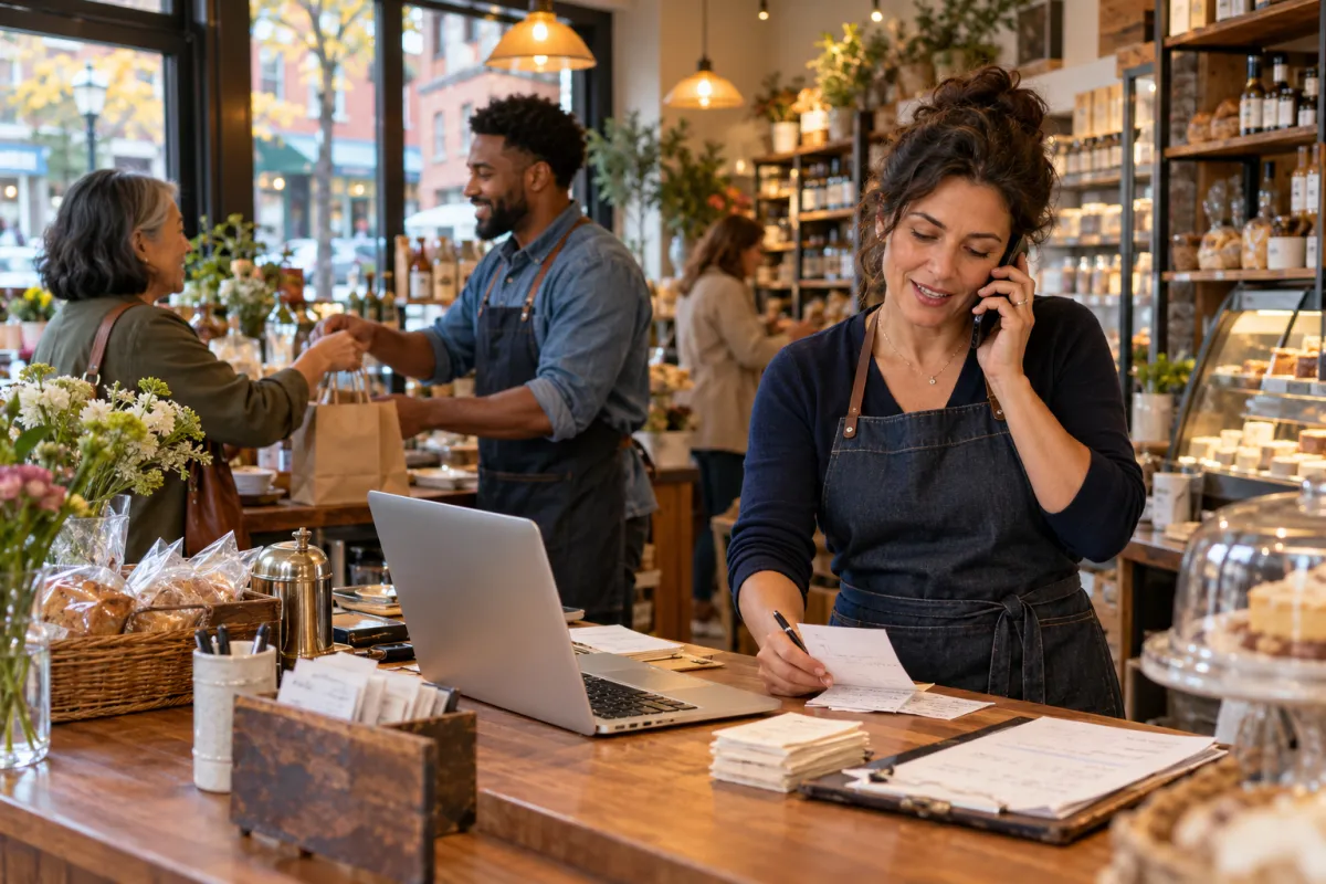 Local business owners handling customer calls and everyday work