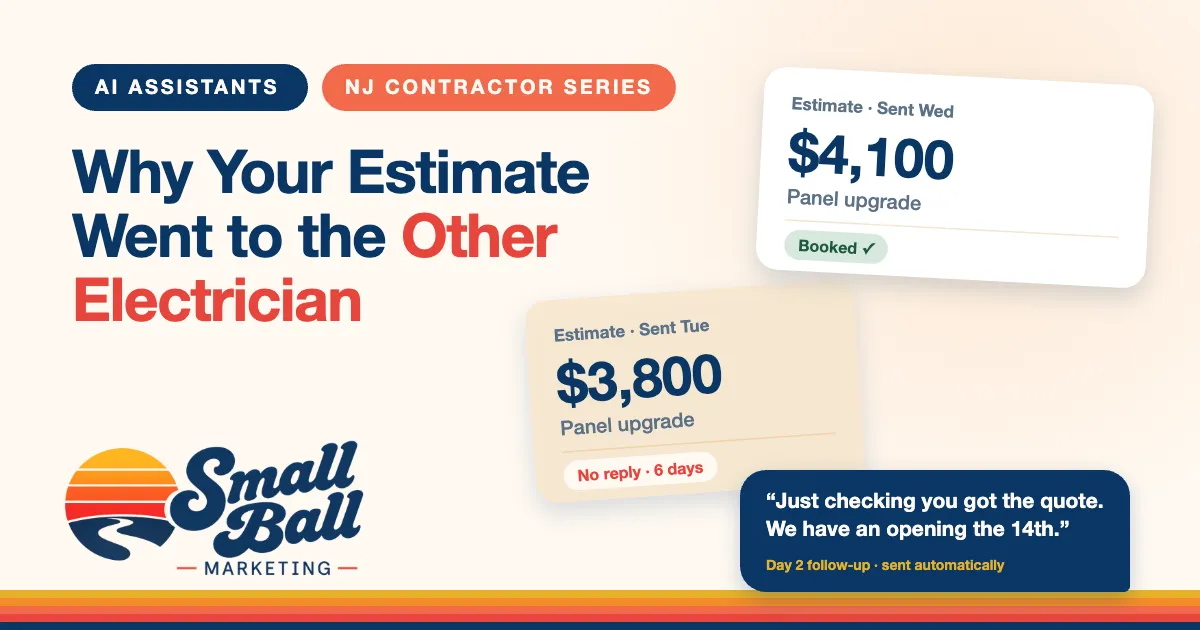 Two estimate cards, one marked no reply and one booked, with a follow-up text message, under the headline Why Your Estimate Went to the Other Electrician