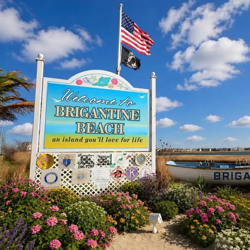 Brigantine, NJ Town sign surrounded by bushes on summer day