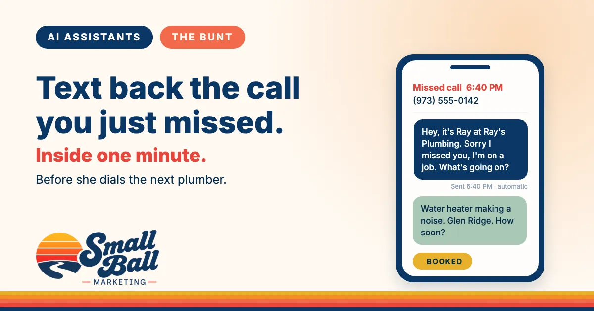 Illustration of a missed call on a phone and the automatic text reply that follows it, in Small Ball Marketing brand colors