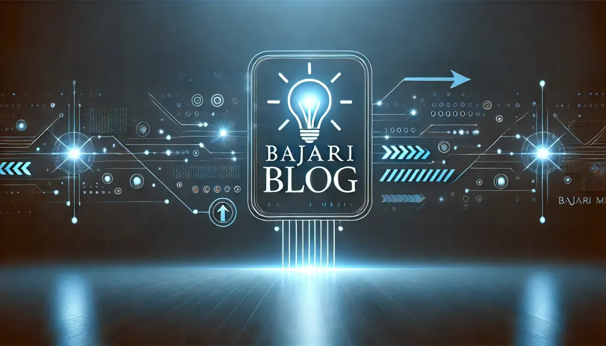 Bajari Blog digital header with a modern, glowing light bulb icon, symbolizing innovation and ideas. The futuristic design features interconnected technology-themed graphics, arrows, and circuit lines, representing progress and connectivity for a professional media-focused blog.