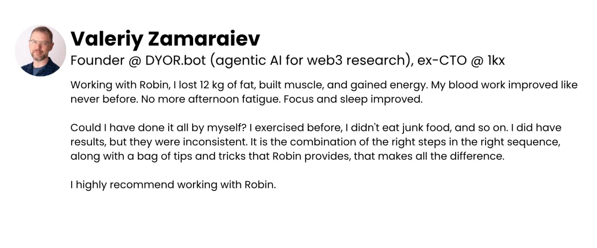 Entrepreneur and Chief Technology Officer loses 12kg of body fat, building muscle and regained energy while improving his blood markers like Testosterone, Cholesterol.