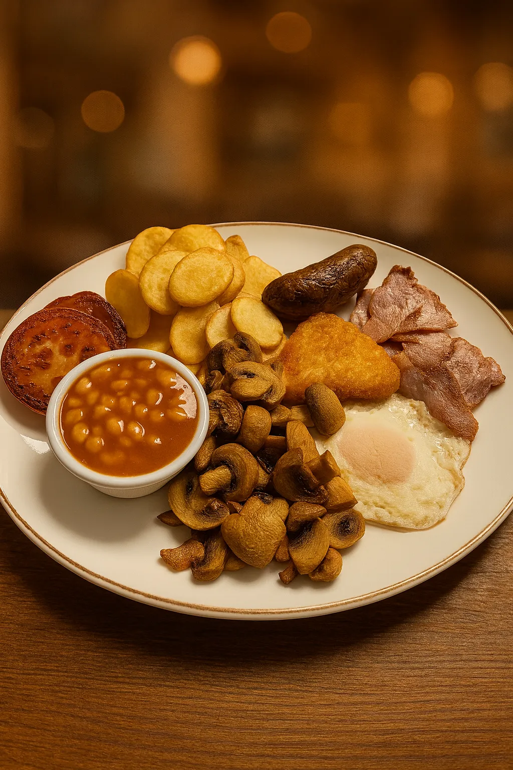 Full English breakfast plate with eggs, bacon, sausage, grilled tomato, mushrooms, and toast. Classic British breakfast, styled for a café menu.