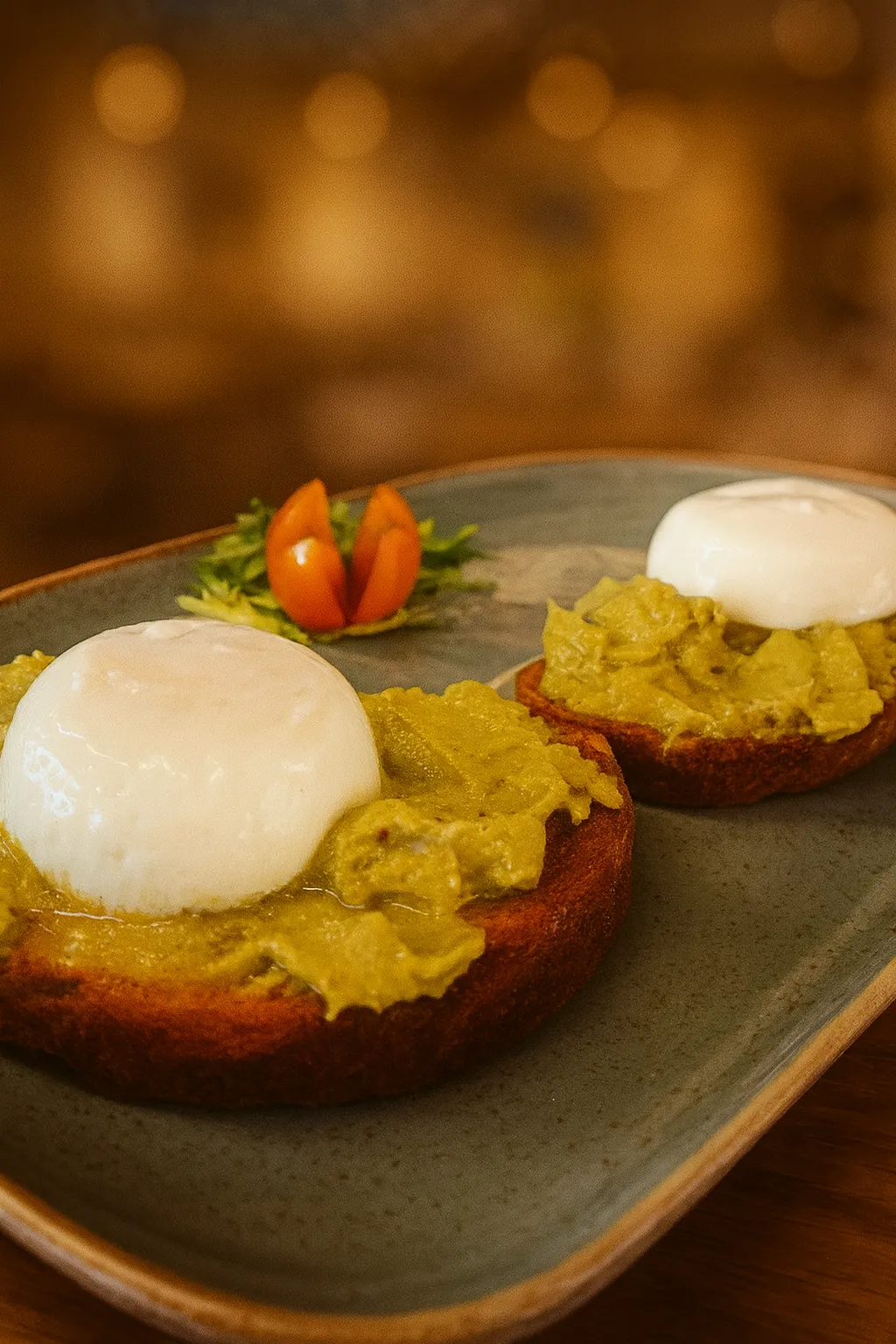 Sourdough toast topped with smashed avocado, poached eggs, and chili flakes. Modern brunch dish, vibrant and healthy presentation.