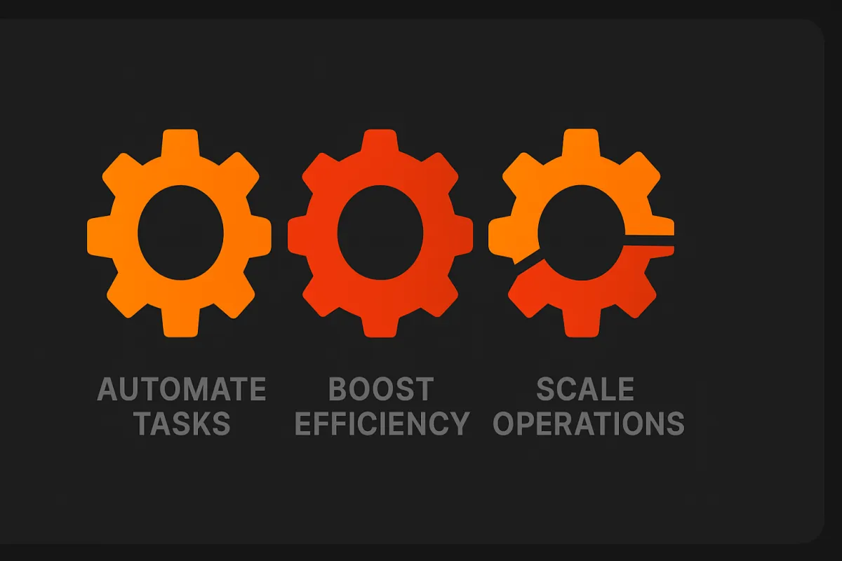 Three interlocking orange gears representing AI automation and workflow integration for roofing and solar contractors, displayed on a black and orange gradient background