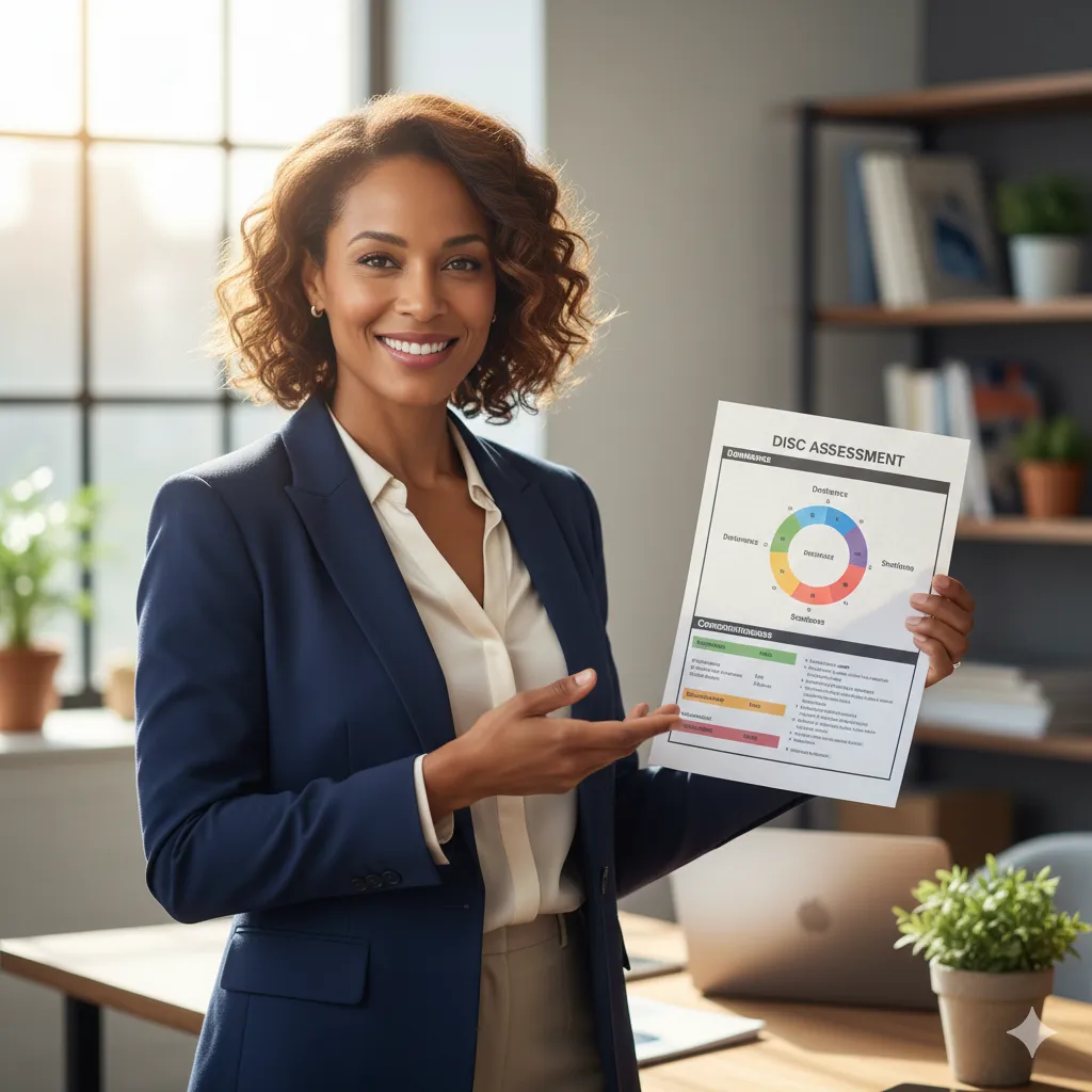 Career coach with a DISC report in her hand.