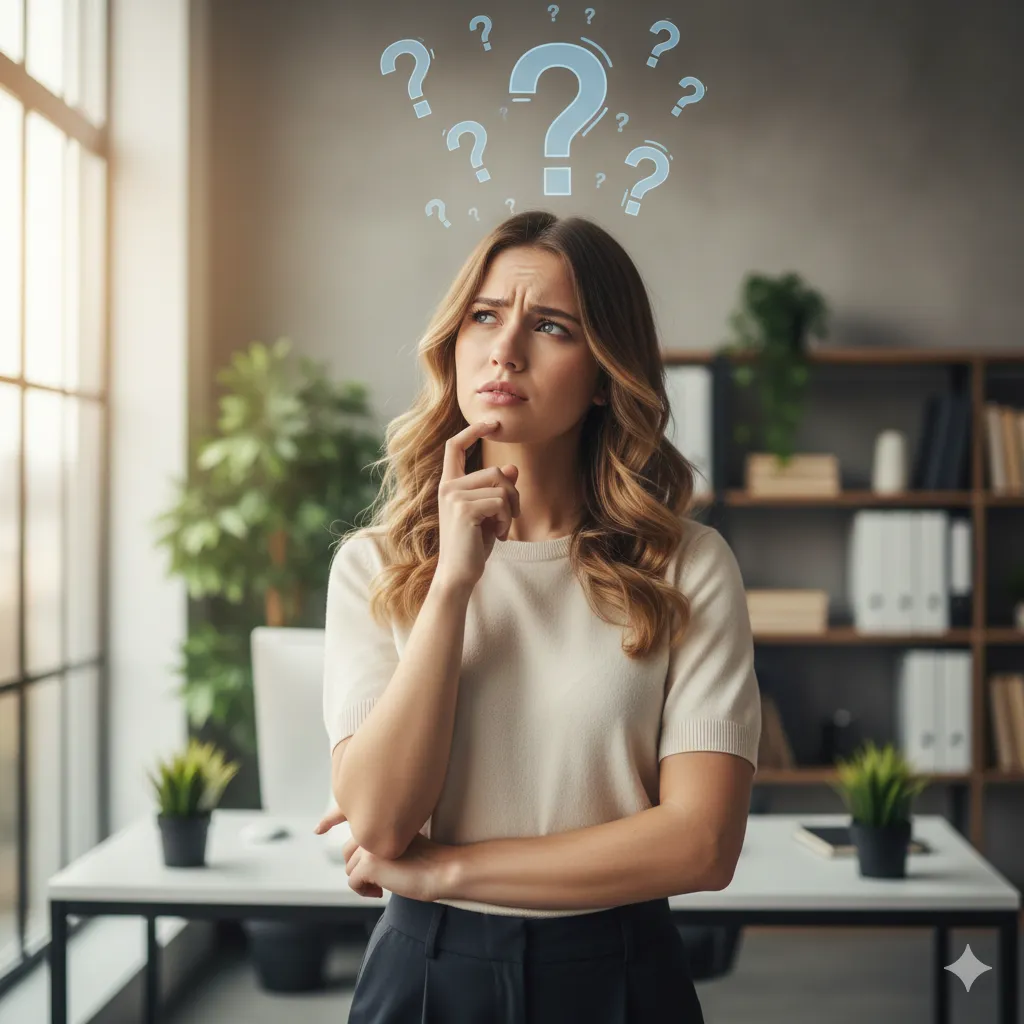 Career coach thinking of DISC questions in an office environment.